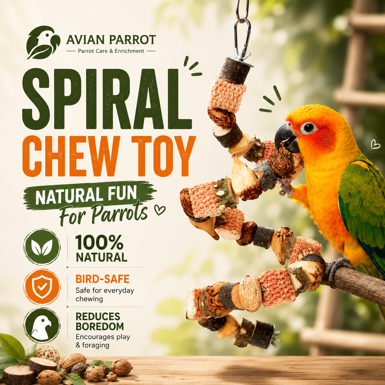 Wooden Parrot Chew & Foraging Toy for Beak Grinding