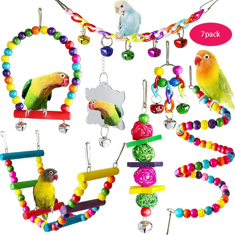 7PCS Wooden Parrot Toy Set – Bird Cage Accessories