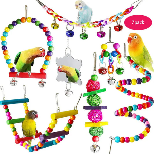 7PCS Wooden Parrot Toy Set – Bird Cage Accessories