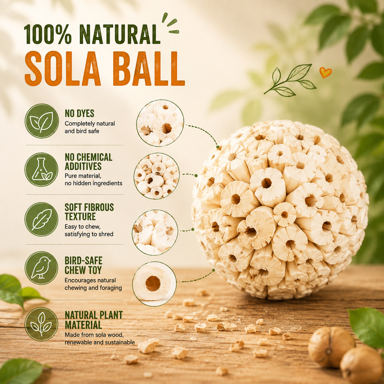 Natural Sola Wood Bird Chew Balls – Soft Shredding & Foraging Foot Toys for Parrots