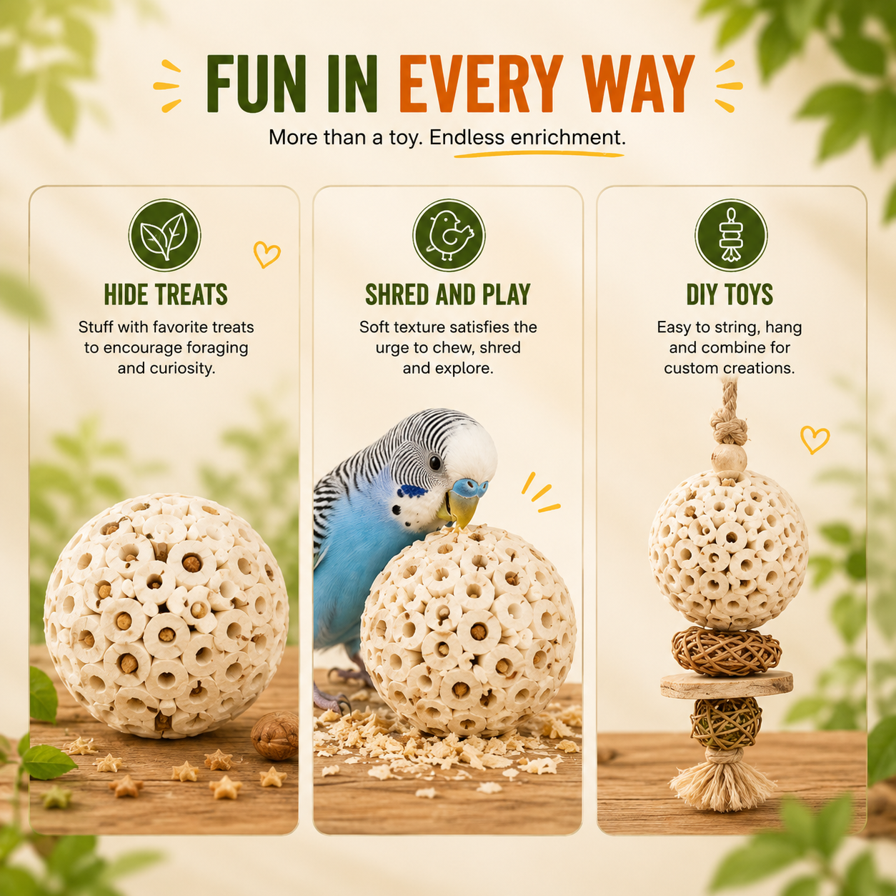 Natural Sola Wood Bird Chew Balls – Soft Shredding & Foraging Foot Toys for Parrots